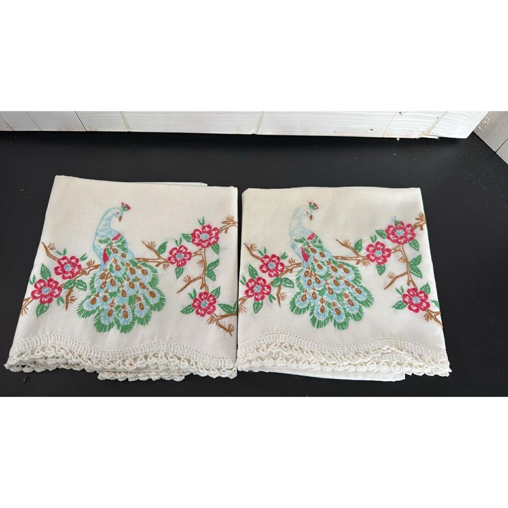 Vintage Hand Embroidered Peacock's  Pillowcase Pair Standard Size White